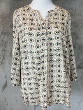Kenar Lightweight Cream Patterned Button-Front Women's Blouse M Office